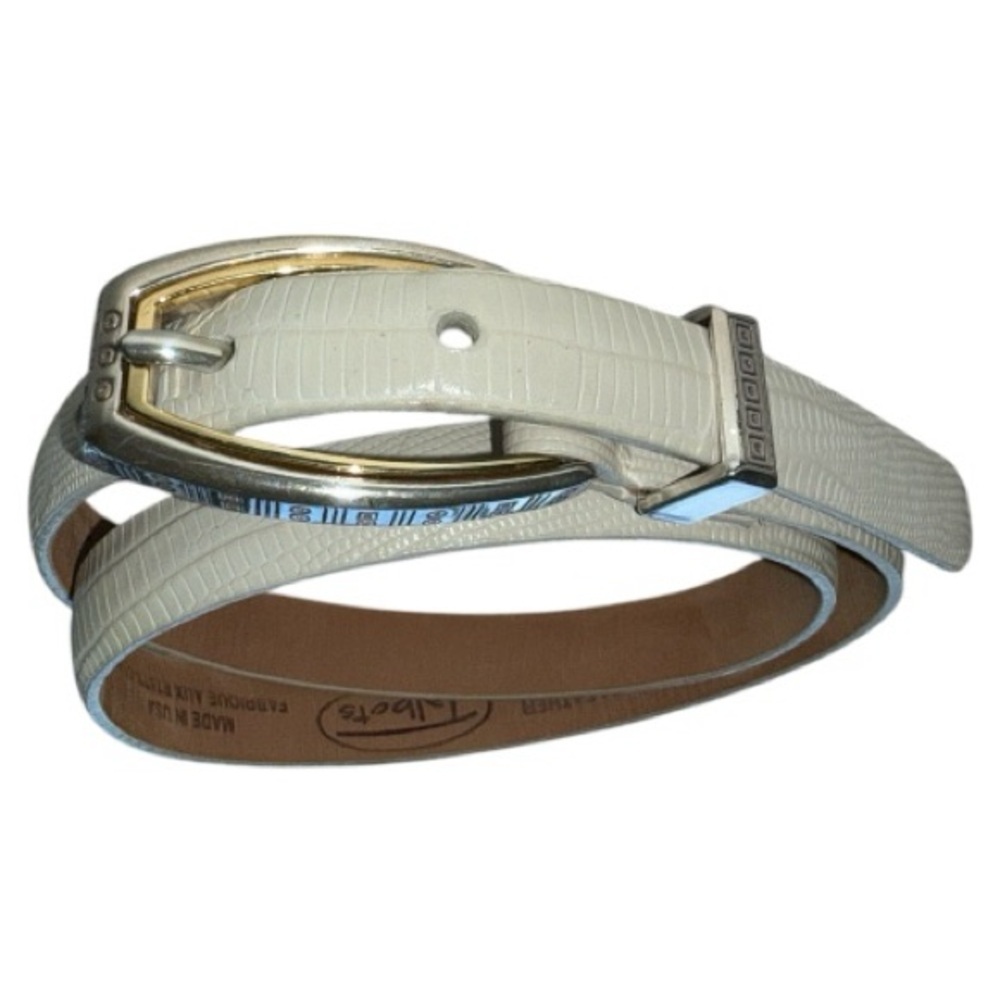 Talbots Cream Reptile Print Thin Leather Belt Mixed Metal Silver Gold Buckle XS - Picture 2 of 12